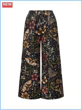 Women's Plus Size Butterfly Floral Wide Leg Palazzo Pants